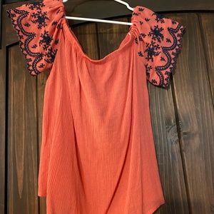 Light coral with navy blue off the shoulder shirt